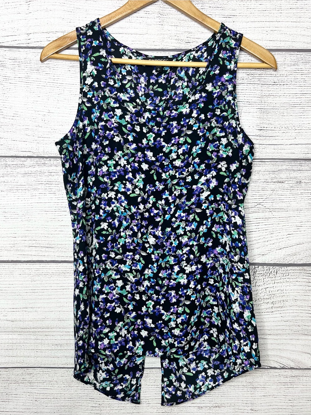 Express Black Purple & Teal Floral Split Open Back Tank Top Size Medium